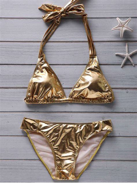 Women S Halter Beach Gold Metallic Bikini Golden Bikinis Xl Zaful