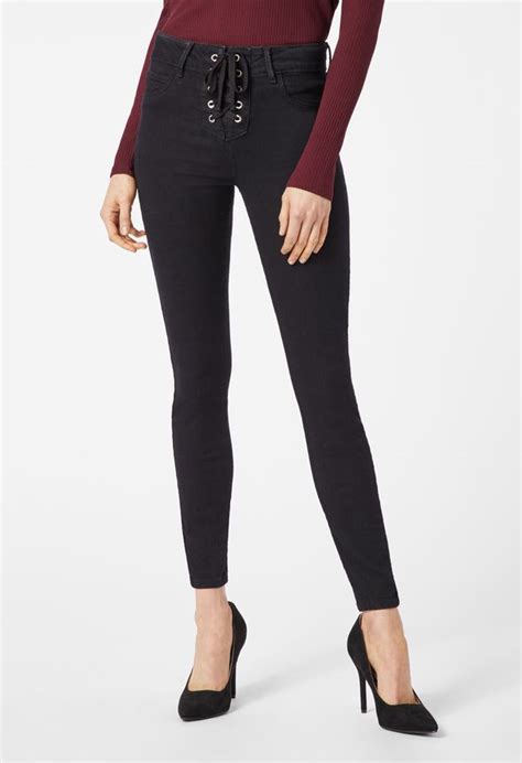 High Waisted Front Lace Up Skinny Jeans In Black Rinse Get Great