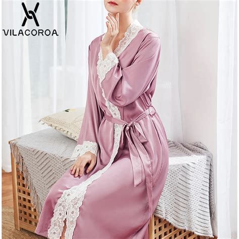 Simulation Silk Lace Stitching V Neck Lace Up Robe For Women Long