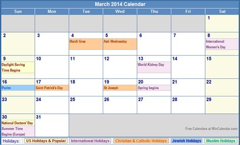 March 2014 Calendar With Holidays Clinic