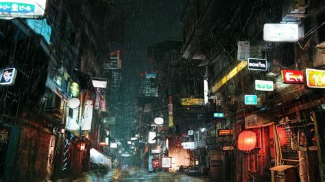 Cyberpunk Rain Lights City Street Advertisements Wallpapers Hd