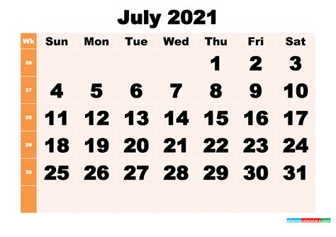 Free Printable July 2021 Calendar Template Word Pdf