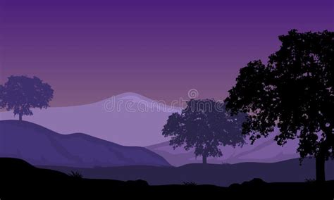 Nice Scenery Of Trees And Mountains At Night Vector Illustration Stock