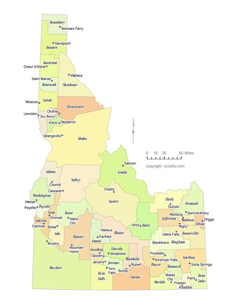 State Of Idaho County Map With The County Seats Cccarto