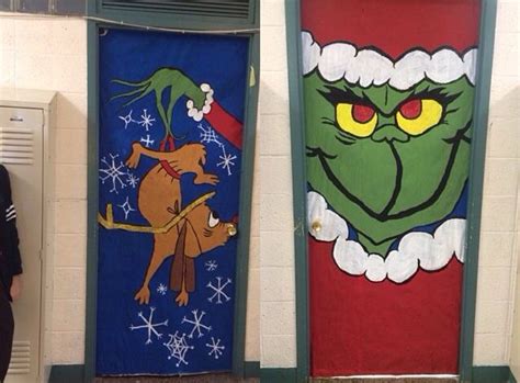 I really can't get enough of these cute grinch decorations. The Grinch & Max themed doors for Christmas | Classroom Doors | Christmas classroom door ...