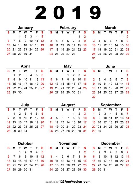 2019 Calendar One Page Printable Yearly Calendar Calendar Template