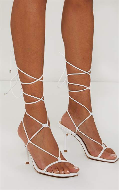 White Knot Detail Knee High Lace Up Heels Prettylittlething Aus