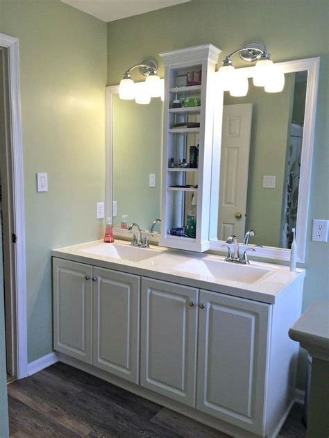 Master Bathroom Vanity Sink Mirror Update Built In Shelves Framed