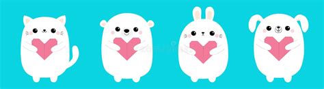 Happy Valentines Day White Cat Kitten Bear Dog Puppy Rabbit Hare Set