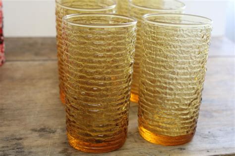 70s Vintage Harvest Gold Colored Glass Drinking Glasses Soreno Textured Glass Tumblers