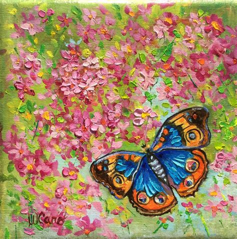 Blue Orange Butterfly Art Pink Flowers Original Oil Painting Square