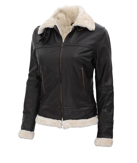 Women Brown Sherpa Leather Bomber Jacket Flight Jacket