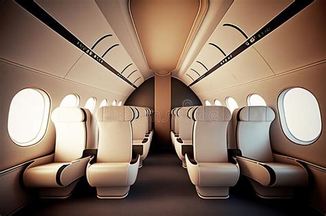 Interior Of An Airplane Cabin With Comfortable Seats Overhead