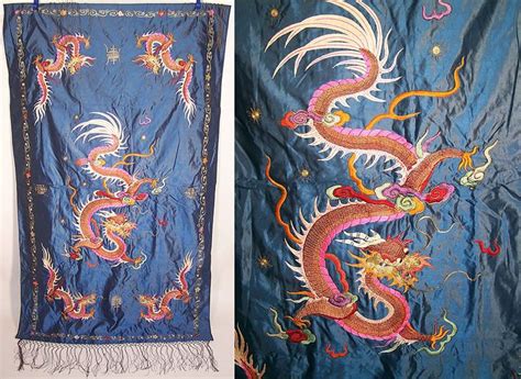 Antique Chinese Dragon Xi Gold Couching Embroidery Silk Tapestry Wall