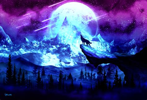 Download Wallpaper 5701x3899 Wolf Moon Night Mountains Art Hd