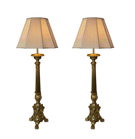 Large Antique Pair Brass Corinthian Column Table Lamps