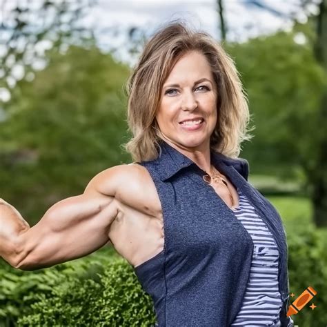 Portrait Of A Mature Female Bodybuilder Flexing Her Biceps On Craiyon