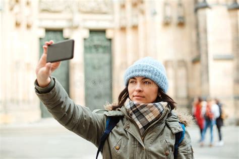 Woman Take Selfie Portrait In City Travel Lifestyle And People Stock