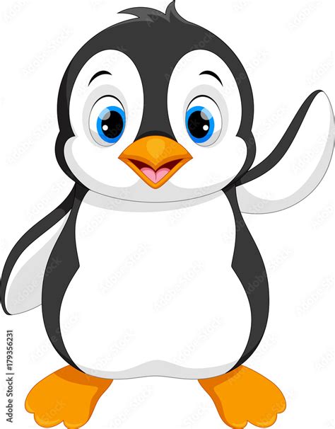 Vector Illustration Of Cute Baby Penguin Cartoon Waving Isolated On
