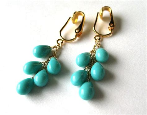 Turquoise Clip On Earrings Glass Teardrop Cascade Gold Clip ターコイズ