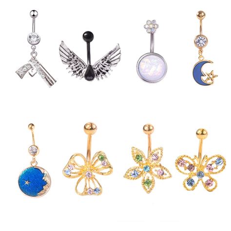 Women Fashion Sexy Dangle Belly Bars Belly Button Rings Surgical Steel Rhinestone Body Jewelry