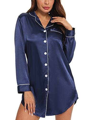 Swomog Womens Sexy Satin Nightshirt Long Sleeve Sleepshirt Silk Nightdress Button Down Pajama