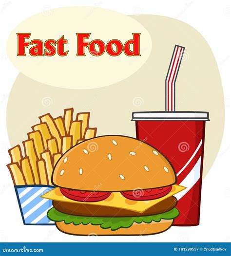 Fast Food Hamburger Drink And French Fries Cartoon Drawing Simple