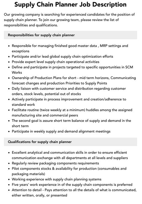 Supply Chain Planner Job Description Velvet Jobs
