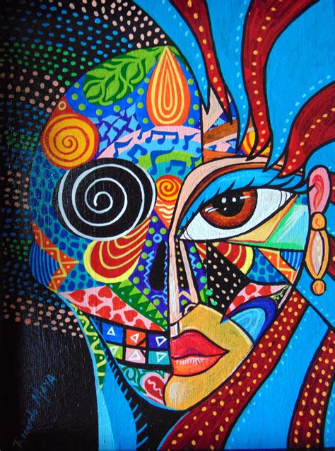 An Abstract Painting Of A Womans Face With Bright Colors And Patterns