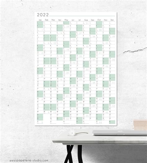 2022 Yearly Wall Calendar Printable Wall Planner 2022 Mint Etsy