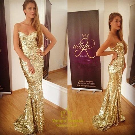 Strapless Sweetheart Long Gold Sequin Mermaid Bridesmaid Dresses