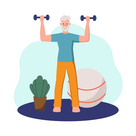 An Elderly Man Exercising At Home The Concept Of Active Old Age