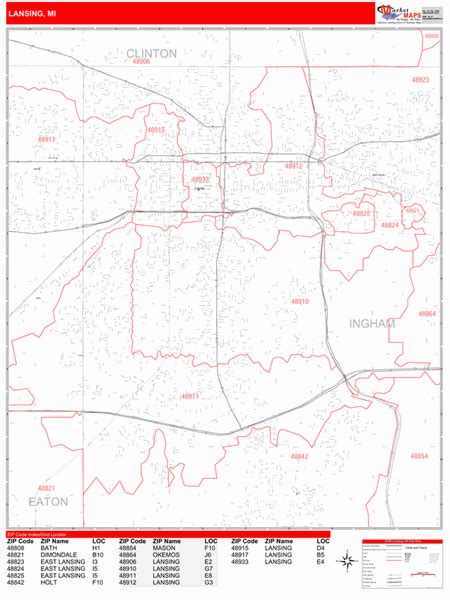 Lansing Michigan Zip Code Wall Map Red Line Style By Marketmaps