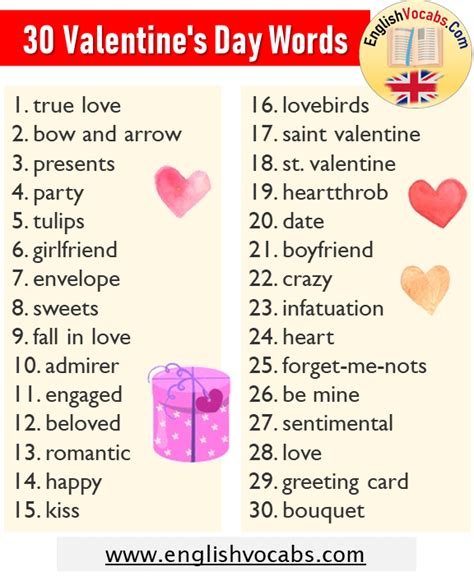 30 Valentines Day Words List Valentines Day Vocabulary English Vocabs