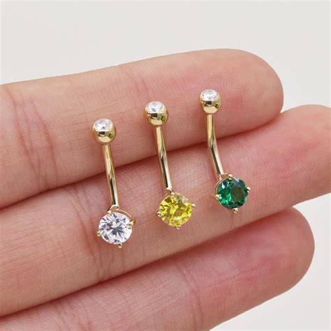 14k Solid Gold 14g Belly Button Ring Navel Piercing Classic Two Stones Threaded Belly Ring