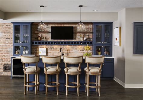 This Basement Bar Gives A Pop Of Blue Color To The Room Offering