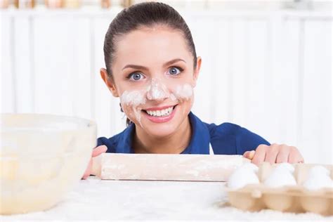 Woman With Flavor On Face Holding Rolling Pin Stock Image Everypixel