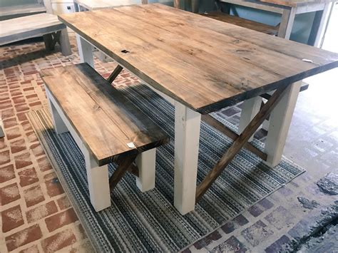 Rustic Farmhouse Table With Benches With Dark Walnut Top And Weathered