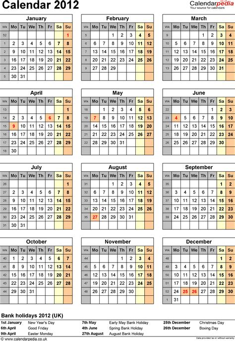 Excel Calendar 2012 Uk 11 Printable Templates Xlsx Free