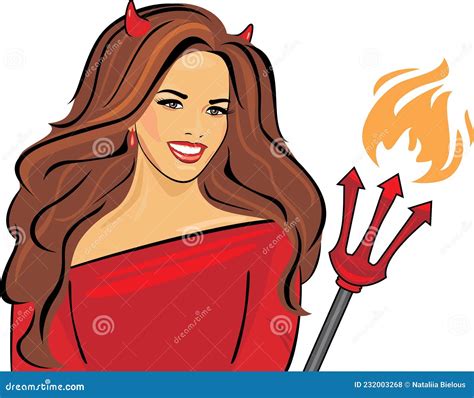 Smiling Young Woman In Devil Costume At Halloween Party Stock Vector