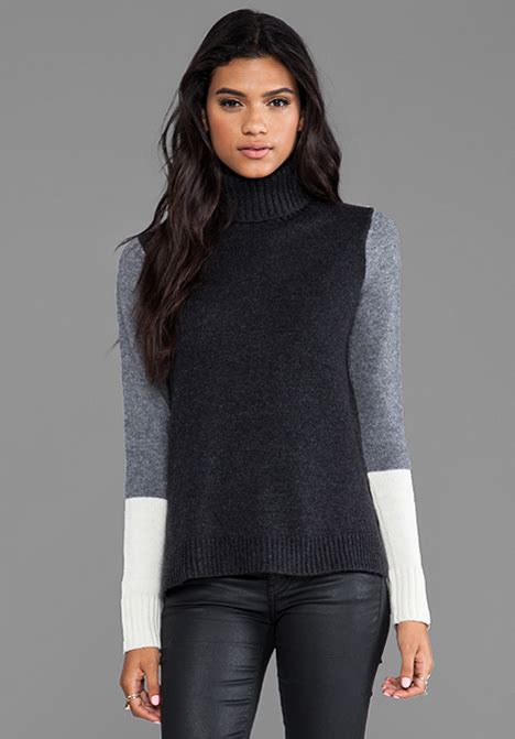 Vince Tri Color Block Turtleneck In Charcoal In Charcoal Combo Black