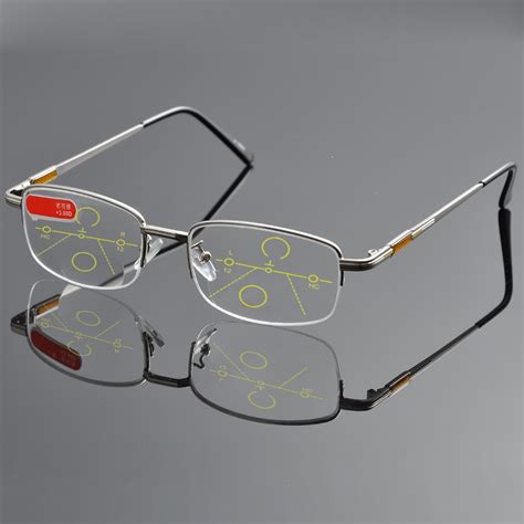 No Line Bifocal Progressive Multifocal Reading Glasses High Quality Titanium Alloy Half Rim Gray