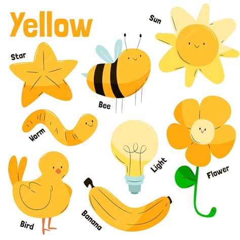Premium Vector Pack Of Yellow Objects And Vocabulary Words In English