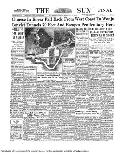 The Sun Front Page Feb 19 1951 Baltimore Sun