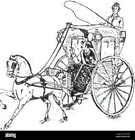 A Black And White Drawing Of A Vintage Horse Drawn Carriage With A