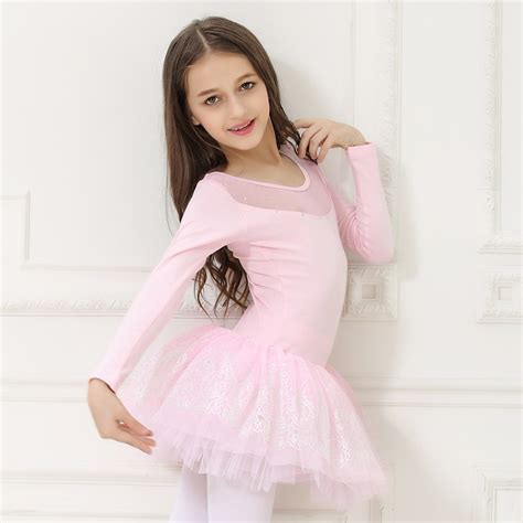 Kids Pink Ballet Dress Long Sleeve Leotard Mesh Neckline Silver Foil