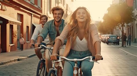 Premium Ai Image Three Young People Having Fun Cycling Down The Street Male And Female Friends