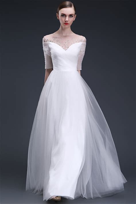 Princess Illusion Neckline White Tulle Beaded Wedding Prom Dress With