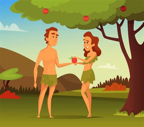 Adam And Eve In Eden Garden Ander Apple Tree With Forbidden Fruit Of