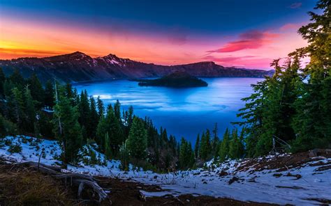 Crater Lake National Park Oregon Red Clouds Sunset Winter Landscape
